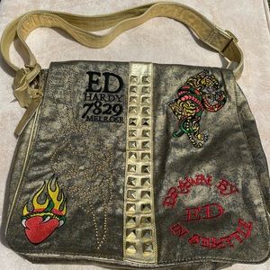 Ed Hardy Beautiful Gold Stud Metallic Rivets Large Messenger Bag Rose Spider Y2K